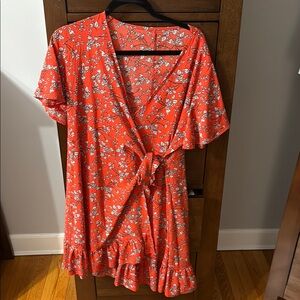 Floral Wrap Dress by Unknown Brand - Red and White